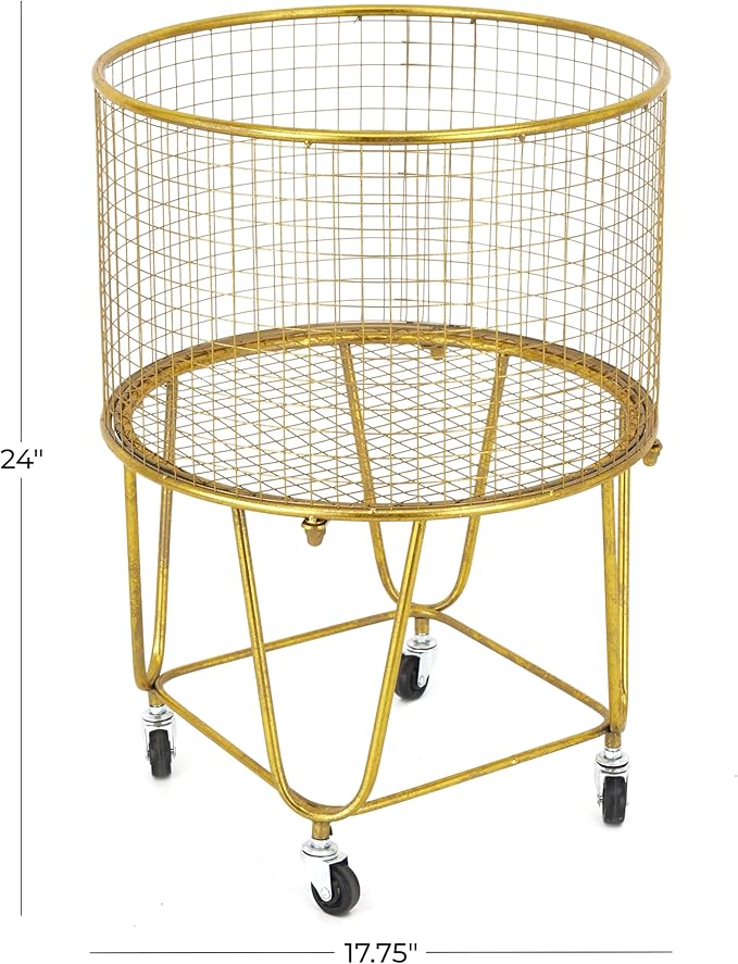 Deco 79 Metal Storage Cart Deep Set Metal Mesh Laundry Basket with Wheels, 16L x 16W x 24.95H, Gold