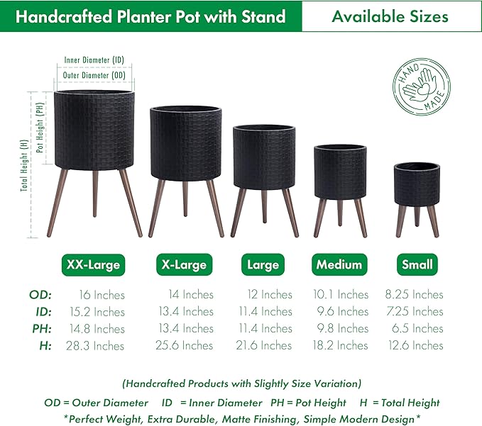 D'vine Dev 8 Inch Modern Geometric Tile Patterned Sleek Planter Pot with Stand, Indoor Outdoor Decorative Plant Holder, Matte Black, 88-Z-A-2