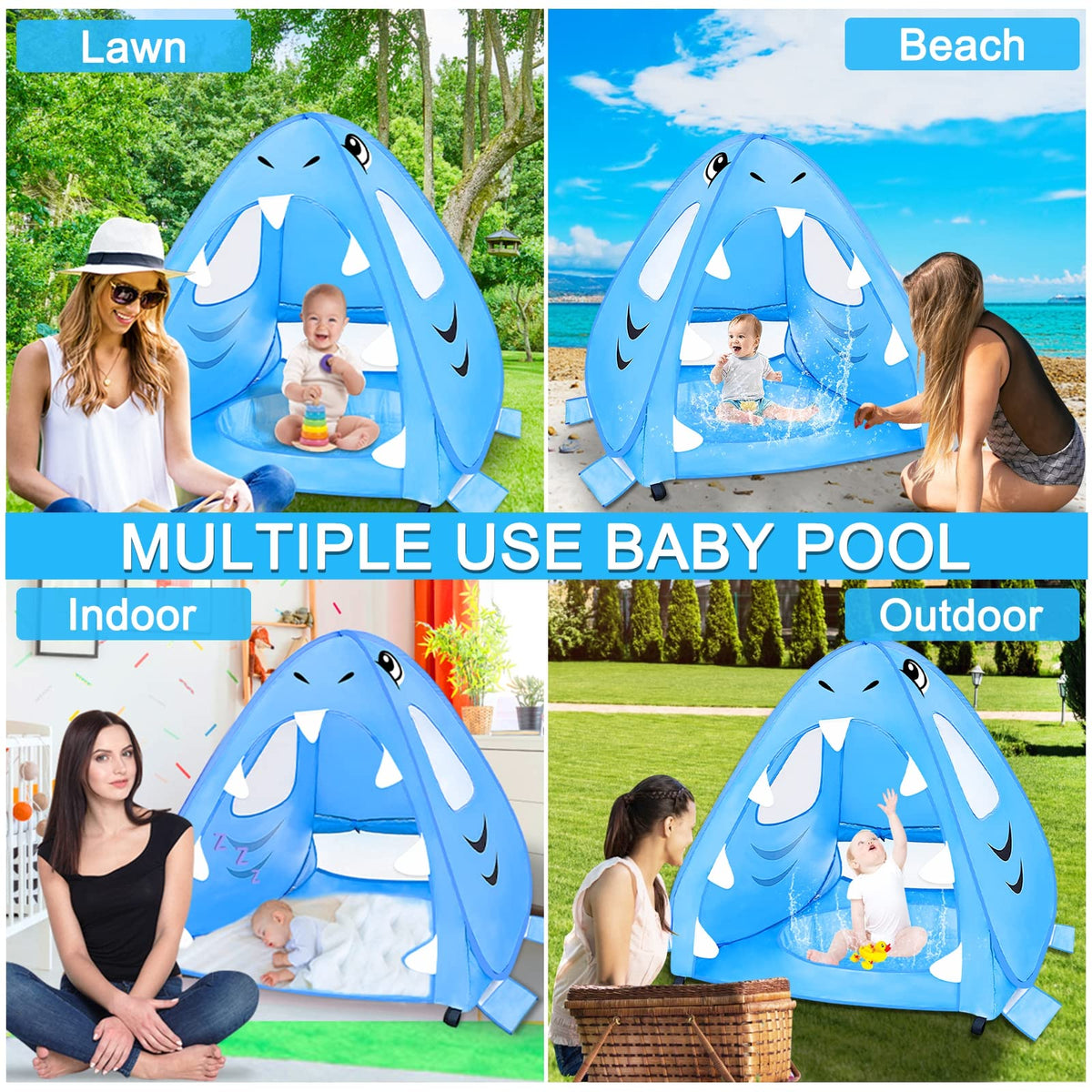 [ Extra High ] Shark Baby Beach Tent with Pool, Pop Up Kiddie Pool Tents Baby Beach Essentials UPF 50+ UV Protection 4 Sand Pockets 3 Mesh Windows Sun Beach Shade Tent for Toddler Aged 3-60 Months