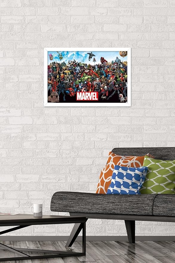 Marvel Comics The Marvel Lineup Wall Poster, 22.4L" x 14.7W", White Framed Version