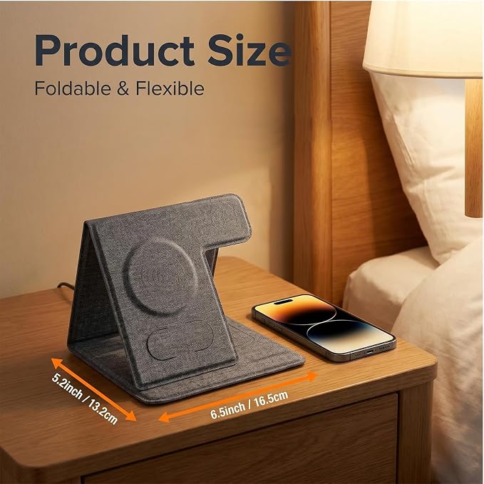 3 in 1 Wireless Charging Station Foldable Wireless Charger Stand for iPhone 15/14/13/12 Apple Watch Series 9/8/7/6/5/4/3/SE AirPods Pro 2/3 Fabric Portable Travel Charger Dock (Black)