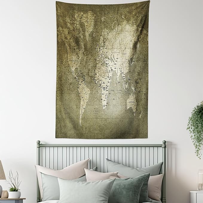 Ambesonne Antique Tapestry Twin Size, Old World Map Texture Nostalgic Plan Atlas Trace of Life, Wall Hanging Bedspread Bed Cover Wall Decor, 68" X 88", Khaki Beige