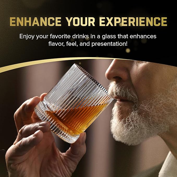 Crystal Old Fashioned Whiskey Glasses Set of 12, 12 Oz Ribbed Bourbon Glass, Ultra-Clarity Double Base Liquor Vodka rocks Cocktail Scotch Tumbler Bar Glasses Set