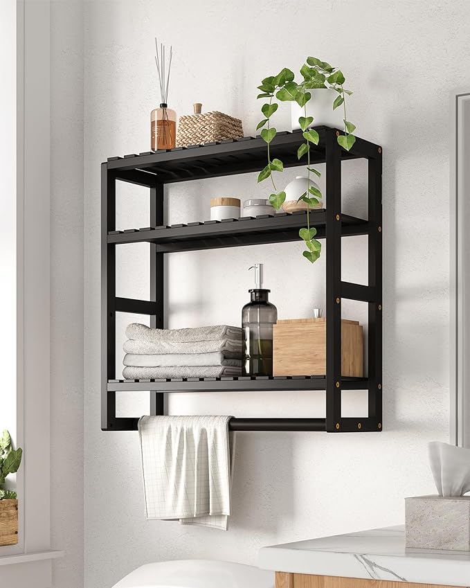 Galood Over The Toilet Storage Bathroom Shelves Wall Mounted 3 Tier Space Saver Corner Shelf Organizer Bamboo Towel Rack Toilet Paper Cabinet with Hanging Rod Black
