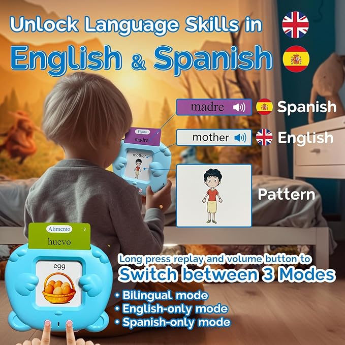 English Flash Cards Bilingual - Spanish Talking Flash Cards for Kids, Pocket Speech for Toddlers 3-12, 510 Sight Words of 31 Varieties, Sensory Toys Children with Autism (Spanish, Blue)