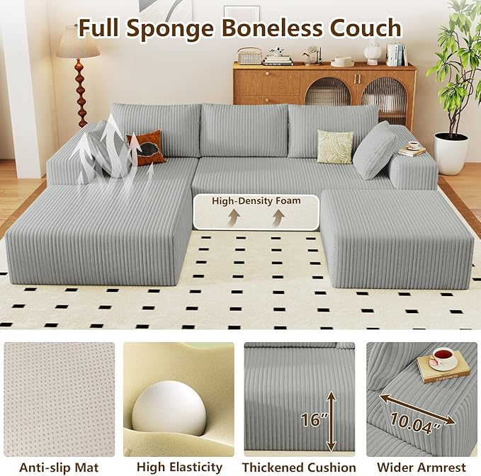 96" U-Shape Cloud Couch, Modern Modular Sectional L-Shape Sofa with Ottoman, Corduroy Upholstered Couches Deep Seat Chaise Longue for Living Room, No Assembly Required(Light Gray, Left Facing)