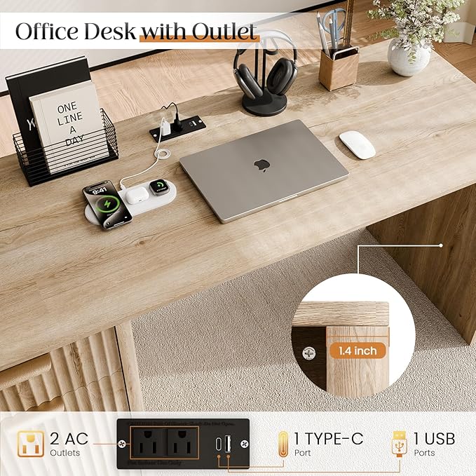 58" Fluted Home Office Desks with Storage, Modern Executive Desk Computer Desk with Drawer & Cabinet, Wood Work Desk for Office, Bedroom, Study, Living Room, Oak