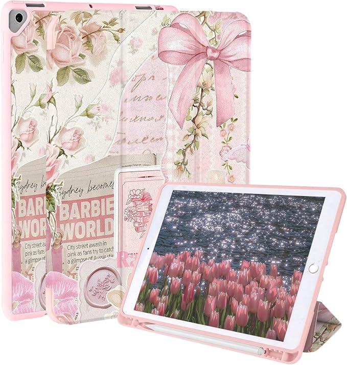 Case for iPad 9th/ 8th/ 7th Generation Case 10.2&amp10.5 Inch (2021/2020/2019 Release) Slim Lightweight Soft Trifold Back Cover with Pencil Holder &amp Auto Sleep/Wake Cover Cherries Cheetah Bows