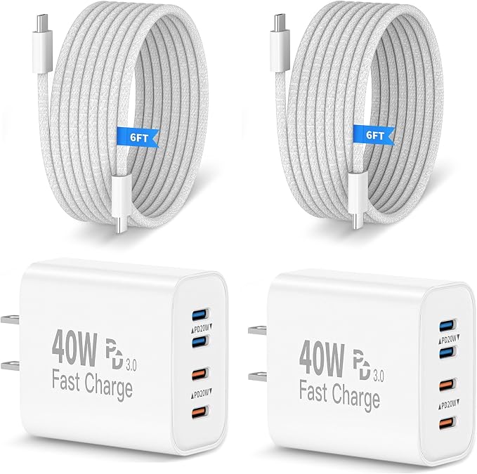 iPhone Charger Fast Charging for iPhone 17 16 152Pack 4Port USB C Charging | [Apple MFi Certified]40W Apple Fast USB C Charger Block with 6FT Woven USBC Cable for iPhone 17 Pro Max/Air/17 Pro/16/15i