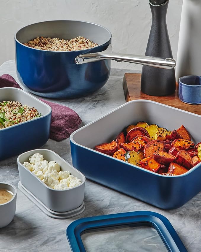 Caraway Glass Food Storage - 10 Cup Glass Container - Ceramic Coated Food Container - Non Stick Lunch Box with Lids - Dishwasher, Oven, & Microwave Safe - Square Shape - Navy