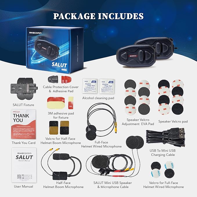 BIKECOMM Salut Motorcycle Helmet Speakers Intercom – 1000M Range Wireless Speakers - Helmet Communication System, IP67, Black, Twin Pack