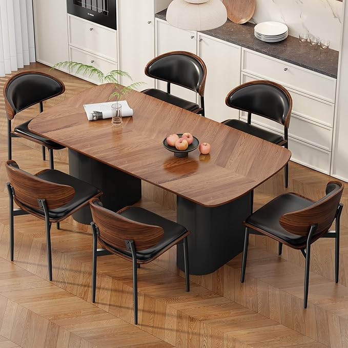 Dining Chairs Set of 4, Mid-Century Modern Upholstered PU Leather Chairs with Walnut Bentwood Back and Metal Legs Adjustable Feet for Kitchen Dining Room, Black PU