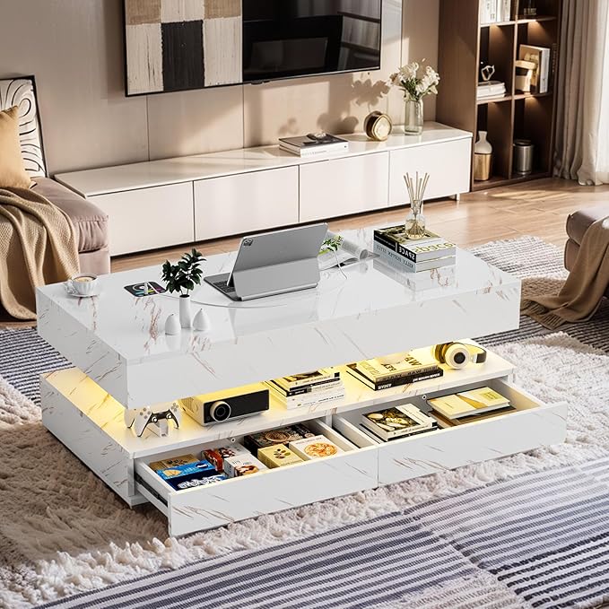 LED Coffee Table, 47.2" Coffee Tables with Storage Drawers, Smart Living Room Table with Wireless Charging & Bluetooth Speaker,Modern Center Tables for Living Room, White Marble