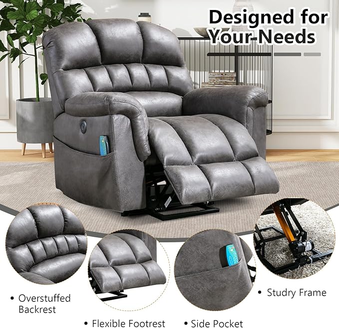 Large Power Lift Recliner Chair with Massage and Heat for Elderly, Faux Leather Electric Lifting Recliners with USB Port, Overstuffed Wide Reclining Sofa Chairs for Living Room, Grey