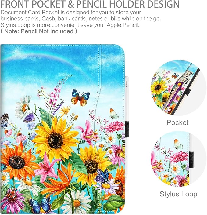 Case for iPad Air 13-inch M4/M3/M2 iPad Pro 12.9 6th/5th/4th/3rd Generation Case with Pencil Holder Multi-Angle Adjustable Stand Shockproof Pocket/Hand Strap/Auto Wake Sleep Sunflowers Butterfly