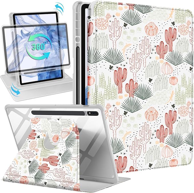 Wazzasoft for Samsung Galaxy Tab S7/S7 Plus/S8 Plus Case - 12.4 Inch Folio Cover with Pencil Holder - Women/Girl Cute Girly Black Flower Unique Design - Rotating Tablet Case