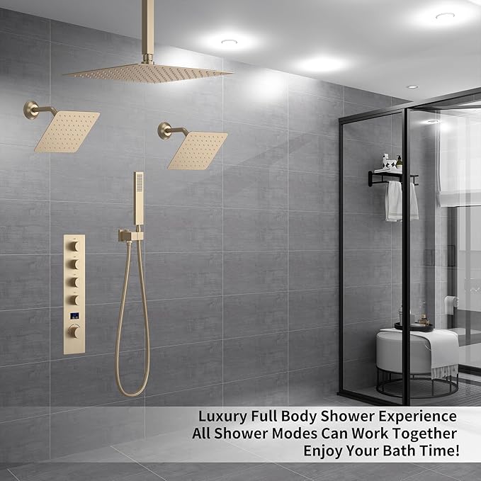 KATAIS Brushed Gold Shower System Digital Temperature Display Shower Faucet Set with 12 inch Ceiling Mounted + Dual 8 inch Wall Mounted Shower Head Combo Set, Handheld Spray