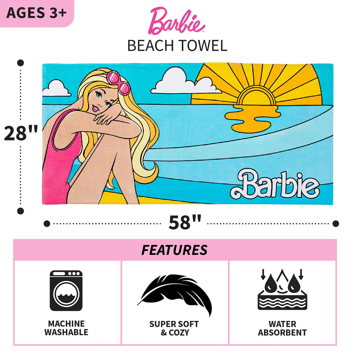 Barbie Super Soft Cotton Bath/Pool/Beach Towel, Barbiecore 58 in x 28 in, (Official Barbie Product) By Franco