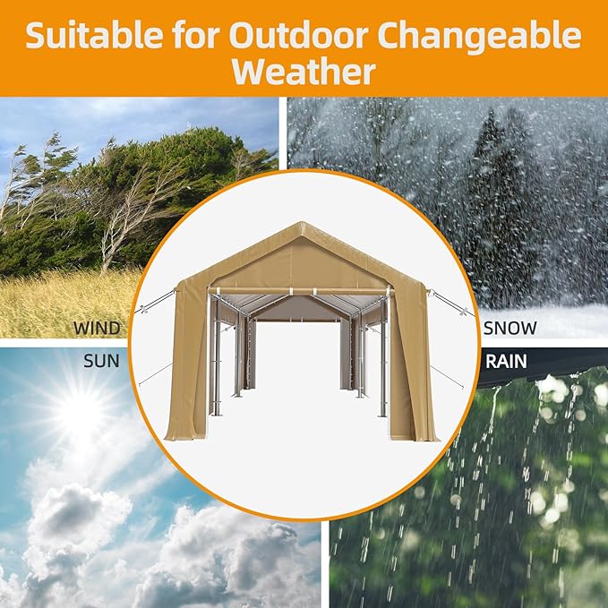 13x20ft Heavy Duty Carport Outdoor Canopy Portable Garage with 4 Doors & 4 Windows Waterproof UV Resistant Storage Shelter with Removable Sidewalls for Car Truck Boat, Earthy Yellow