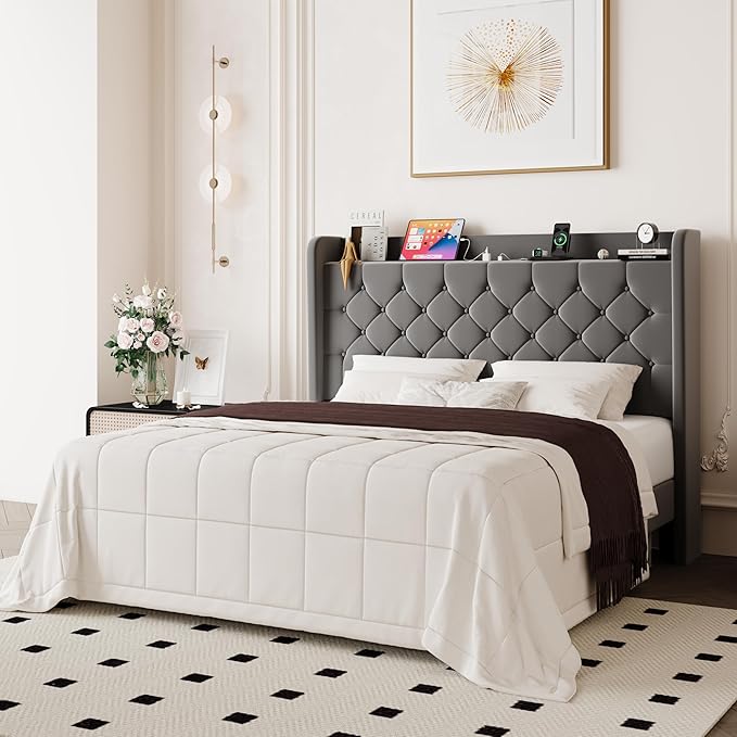 Allewie Queen Size Bed Frame, Storage Headboard with Charging Station, Wingback Velvet Upholstered, Diamond Stitched Button Tufted, Sturdy Wooden Slats, No Box Spring Needed, Easy Assembly, Grey