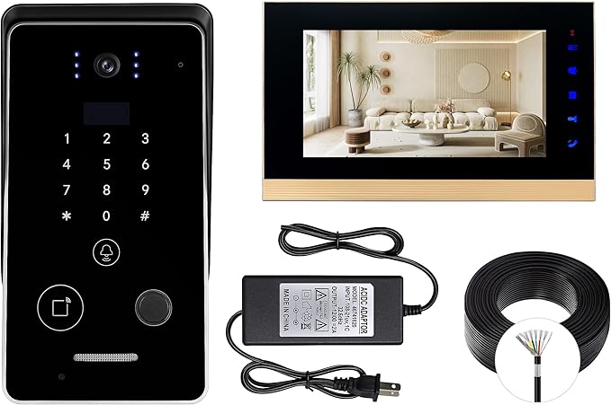 Smart Home 7-Inch Video Intercom Doorbell System with HD Display & Touch Keypad, Fingerprint/Key Card/Password/Remote Unlock, 1200lbs Magnetic Lock (NC) & Exit Button for Homes & Villas