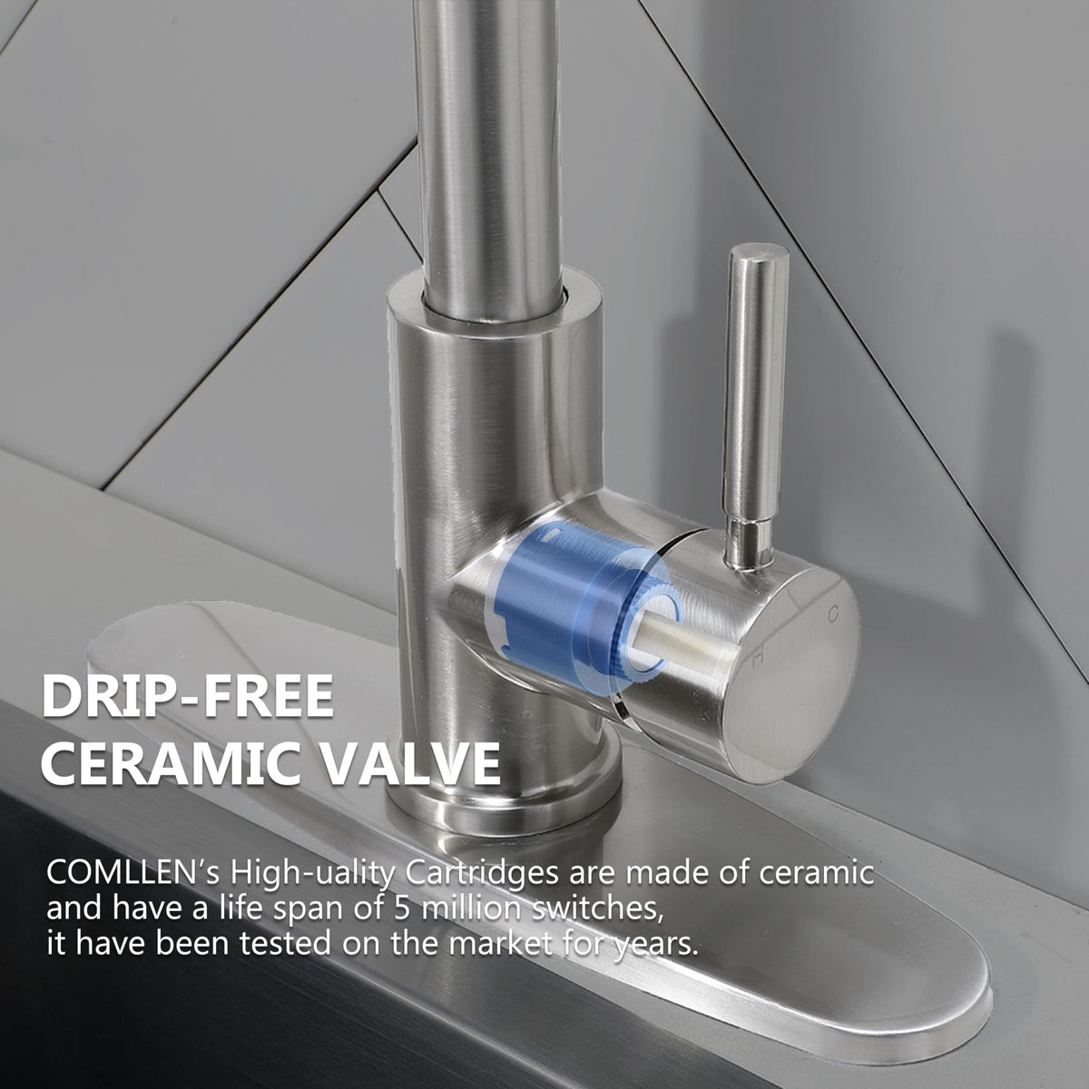 Comllen Kitchen Faucet with Pull Down Sprayer, Modern Brushed Nickel Faucets for Kitchen Sink, Stainless Steel Single Handle Pull Out Kitchen Sink Faucet with Deck Plate