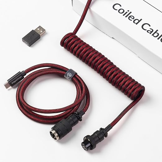 Keychron Premium Coiled USB-C Angled Purple Cable 5-Pin GX16 Detachable Metal Connector USB-A Adapter Double-Sleeved Design for Mechanical Keyboards Charging and Data Sync