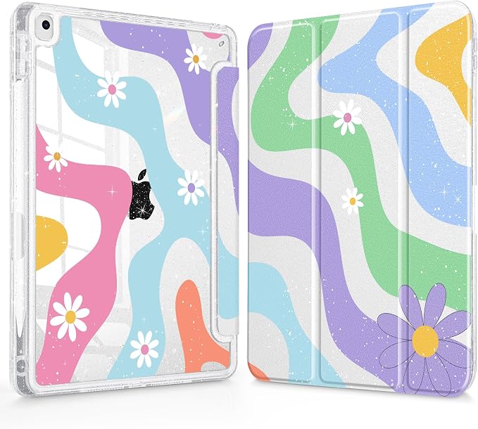 Mektron Sparkly Case for iPad 10.2 inch Glitter Tablet Cases for iPad 9th Gen 2021/8th Gen 2020/7th Gen 2019 Cover with Shiny Clear Back Shell Foldable Bling Smart Cover Blue Floral