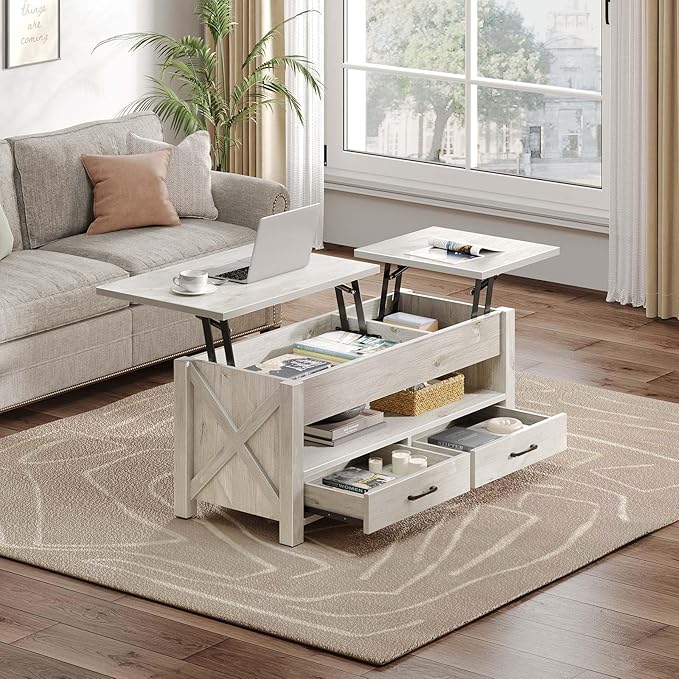 Seventable Coffee Table, 39.3" Lift Top Coffee Table with 2 Storage Drawers and Hidden Compartment, Retro Center Table with Wooden Lift Tabletop for Living Room, Gray