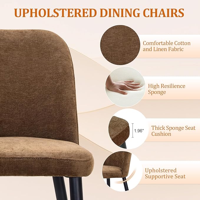 Upholstered Dining Chairs Set of 4, Mid Century Modern Fabric Dining Room Chair High-Back Padded Kitchen Chairs with Padded Seat and Metal Legs for Kitchen Dining Room Restaurant Cafe, Brown