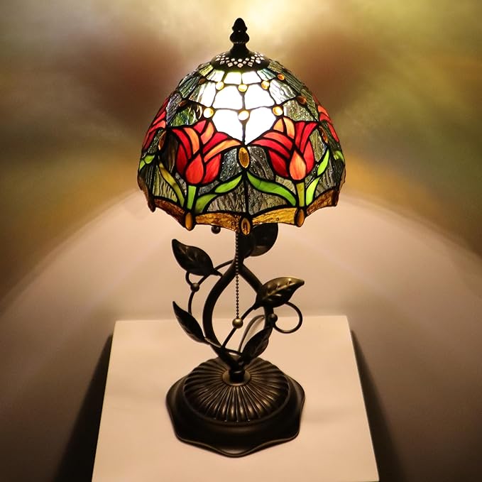 Small Tiffany Lamp Red Tulip Style Stained Glass Table Lamps Desk Bedside Reading Light 8X8X18 Inches with Bronze Metal Leaf Resin Base