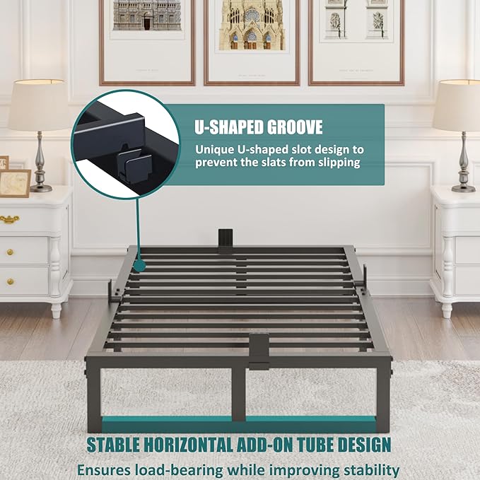 10 inch California King Size Bed Frame Low Profile Metal Platform Frames with Mattress Slide Stopper,Heavy Steel Slats Support,No Box Spring Needed,Noise Free,Non-Slip,Easy Assembly