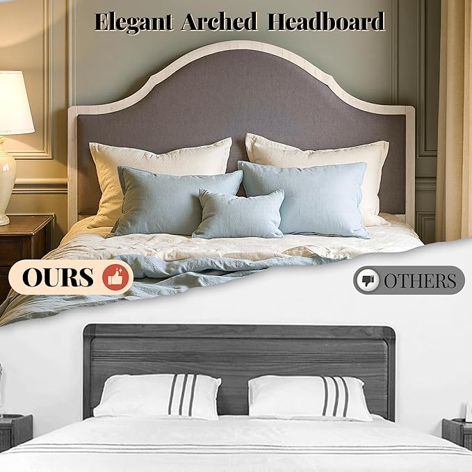 Jocisland King Size Bed Frame with Tall Upholstered Curved Headboard, Solid Wood Platform Bed, No Box Spring Needed, Wood Slat Support, Easy Assembly, White