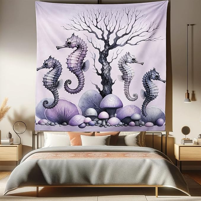 Ambesonne Purple Tapestry Queen Size, Dried Tree with Mushrooms in Lilac Color Palette and Huge Seahorse Prints, Wall Hanging Bedspread Bed Cover Wall Decor, 88" X 88", Mauve and Lavender
