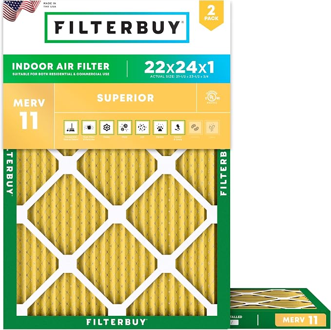 Filterbuy 22x24x1 Air Filter MERV 11 Superior Pet & Allergy Defense,
