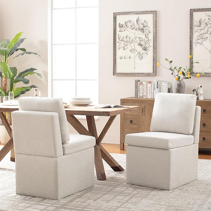VKNOW Upholstered Dining Chairs, Modern Kitchen Chairs with Storage, Linen Armchair Dining Room Chairs for Kitchen Room (Beige, Set of 2)