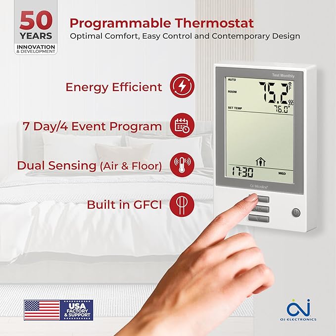 20sqft Floor Heating Cable Kit - 120v Under Floor Heating System - Heated Flooring System Includes UDG Programmable Thermostat w/GFCI, Electric Heated Cable, Strapping, Sensor & Alarm