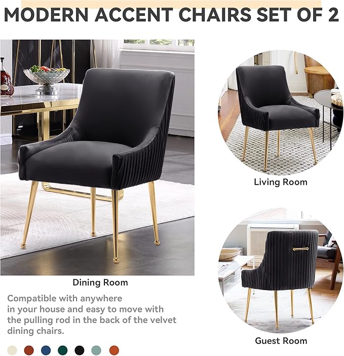 Dining Chairs, Accent Chairs Set of 2, Modern Upholstered Kitchen Dining Room Chairs with Gold Legs, Fabric Tufted Velvet Living Room Chairs for Reception Room Bedroom Guest Room (Black)
