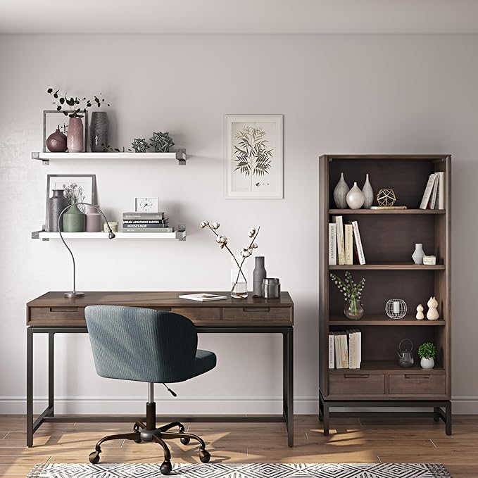 SIMPLIHOME Banting Desk - 60 Inch Wide Solid Hardwood and Metal Writing Desk in Walnut Brown, Modern Industrial Home Office Computer Table for Study with 2 Drawers and Flip-Down Keyboard Tray