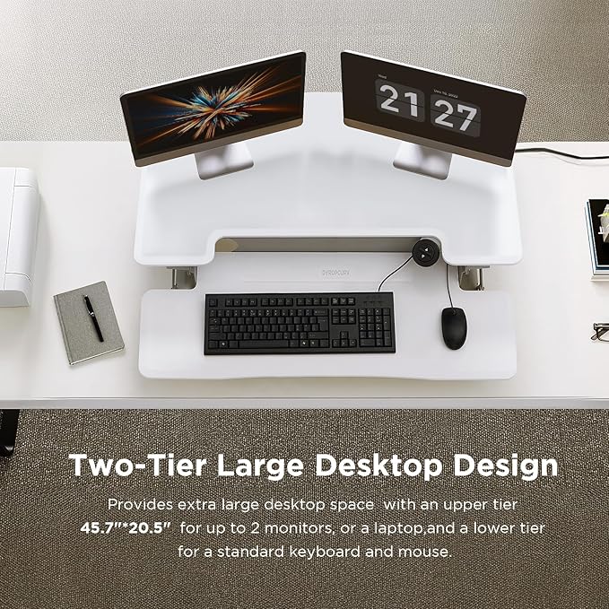 46" Electric Standing Desk Converter, Dyropcurv Series Height Adjustable Computer Desk Ergonomic Home Office Desk for Adults, Sit to Stand Desk with Quiet Motor, White