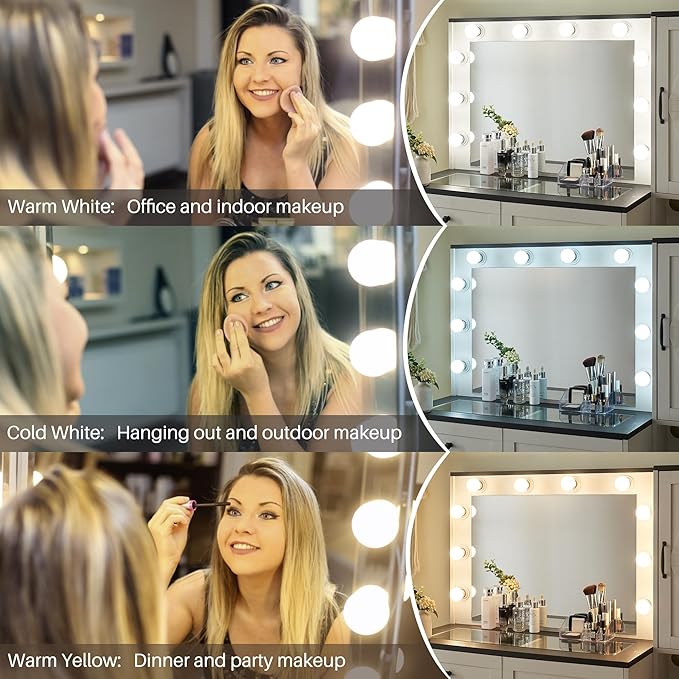 JXQTLINGMU Farmhouse Vanity Makeup Desk with Charging Station, 43" W Vanity Desk with Lights Mirror and Drawers for Makeup, Big Modern Makeup Table Set with Stool for Bedroom, Off White