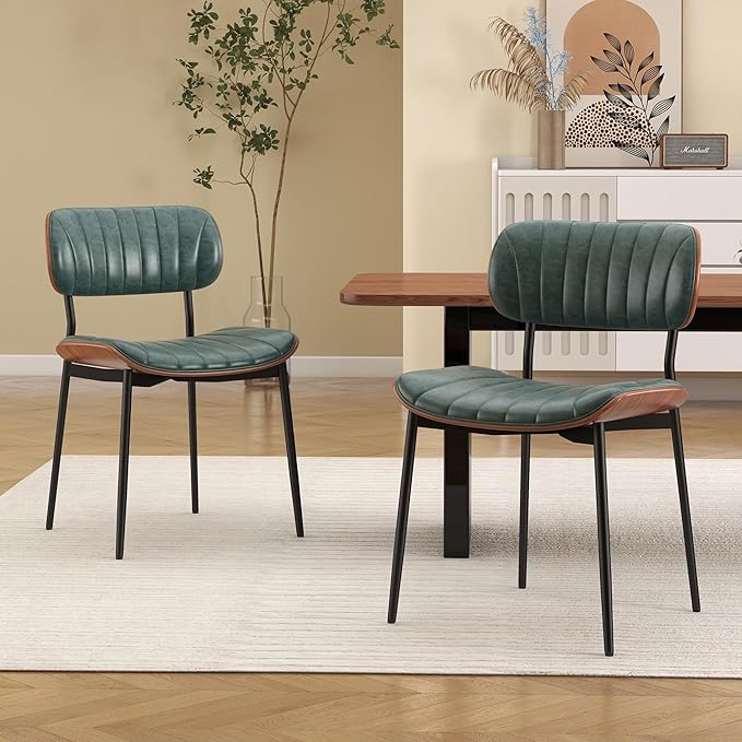 Mid Century Modern Dining Chairs Set of 6,Upholstered Faux Leather Kitchen Chairs with Walnut Bentwood Back and Metal Legs for Kitchen Dining Room Living Room, Green