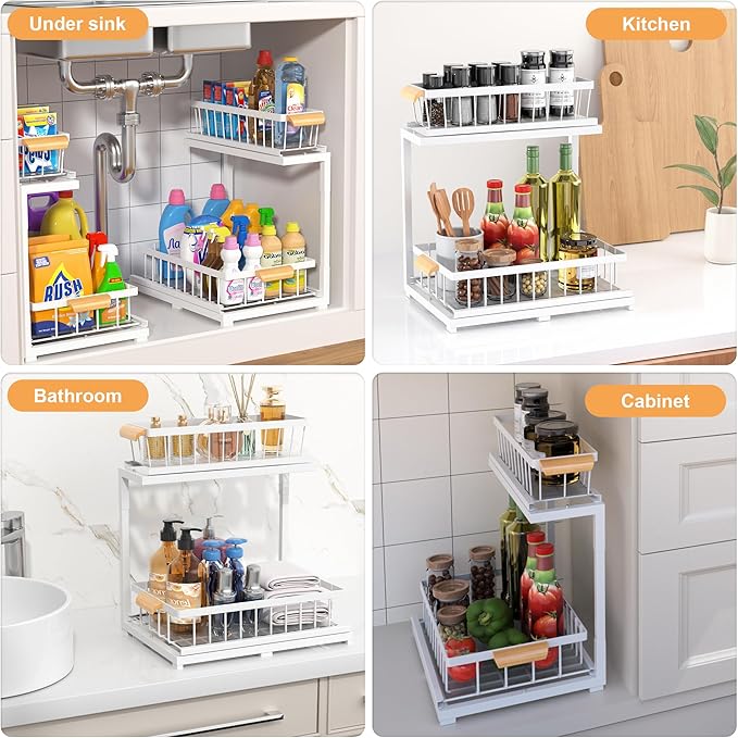 MERATIA Under Sink Organizer 2 Tier, Pull Out Drawer Slides Under Sink Storage for Bathroom Kitchen,Multi-Purpose Drawer Under Cabinet Organizer for Cleaning Supplies (White, Large-1 Pack)