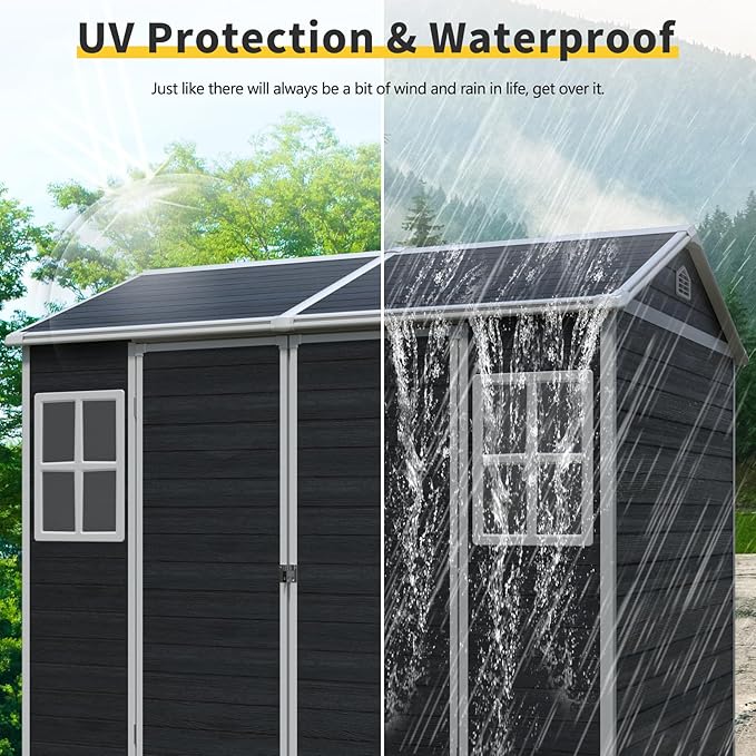 8x6 FT Outdoor Storage Resin Shed with Floor, Waterproof Plastic Garden Tool Shed with Windows, Vents & Lockable Door and Sloped Roof, Easy to Assemble Bike Shed for Patio, Backyard, Lawn, Black
