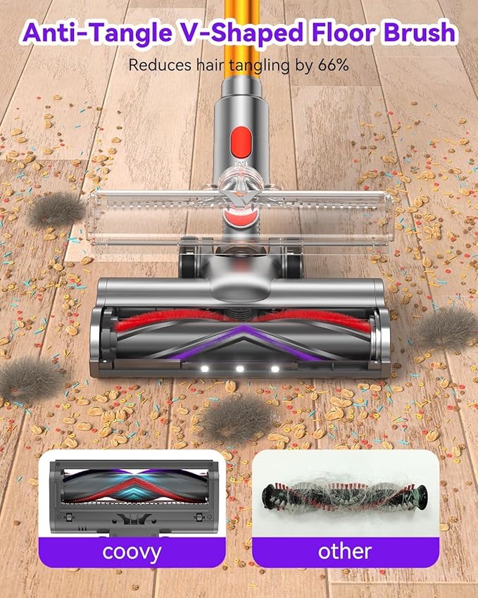 Coovy SU7 Cordless Vacuum Cleaner 580W 50Kpa 80 Minutes Runtime Stick Vacuum with Touch Screen Anti-Tangle Wireless Powerful Lightweight LED Vac for Home Pet Hair Carpet Hardwood, Gold