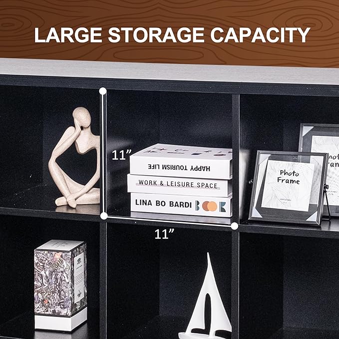 12 Cube Storage Organizer Bookshelf, Industrial Horizontal Bookcase, Accent Cubby Shelf, Corner Bookcase for Living Room, Home Office, 11.8" D x 47.6" W x 38.2" H, Black