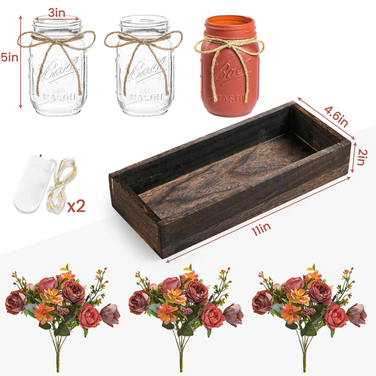 DUOER 3 Pcs Mason Jar Centerpiece Table Decorations for Dining Table Decor Farmhouse Coffee Table Decor with Wood Tray and Led Light Table Centerpieces for Dining room Kitchen Living Bathroom,Orange