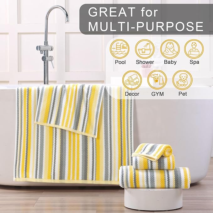 Quick Dry Hand Towels for Bathroom, 4 Pack 16"x27" - 100% Cotton | Soft | Absorbent | Lightweight, Striped Hand Towels Decorative Set, Luxury Towel Set for Showering & Guset, Yellow and Gray Stripe