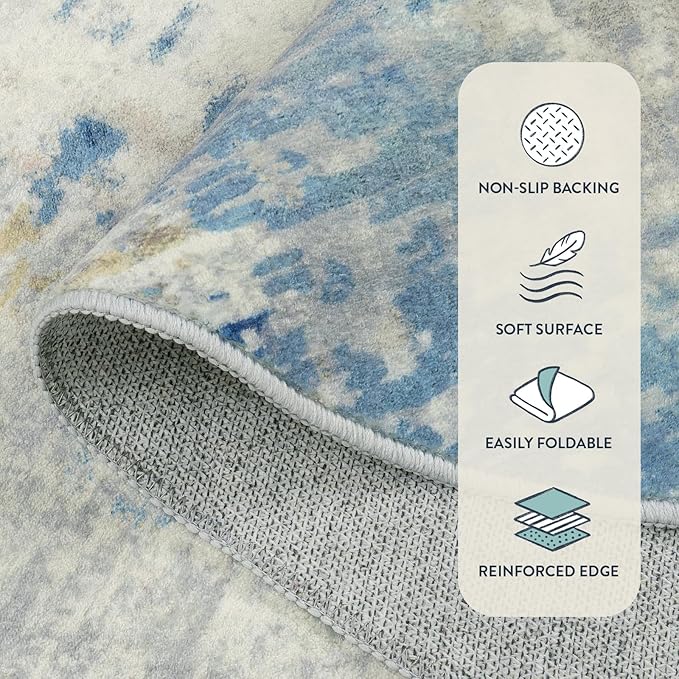 Lahome Modern Abstract Area Rug 3x5, Washable Bedroom Rug Soft Throw Entry Mat Contemporary Faux Wool Non-Slip Stain Resistant Carpet for Living Room Kitchen Bath Office, Blue/Yellow/Ivory