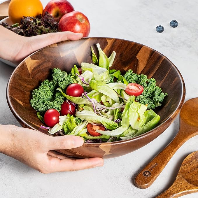 BF BILL.F SINCE 1983 Wooden Salad Bowl 12'' Acacia Wood Salad Bowls Set Large Salad Serving Bowl for Fruits Mixing Bowl with Servers-3-Piece Big Salad Bowl Set
